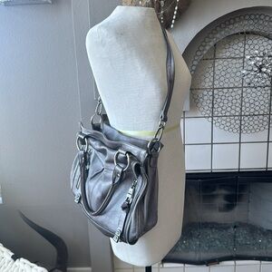 Vintage metallic silver B. Makowsky bag with optional shoulder strap w/ zippers